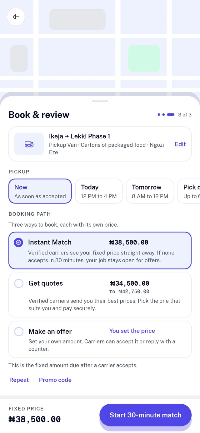 Liftzor Shipper app, Book and review: pickup time, then Instant Match, Get quotes or Make an offer, with the fixed price