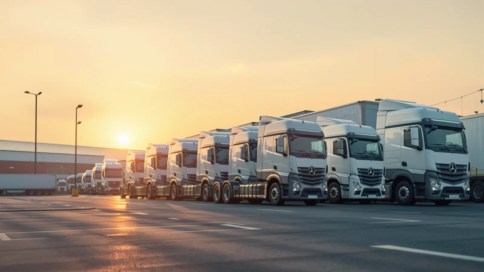 A row of verified logistics trucks lined up at a Nigerian depot