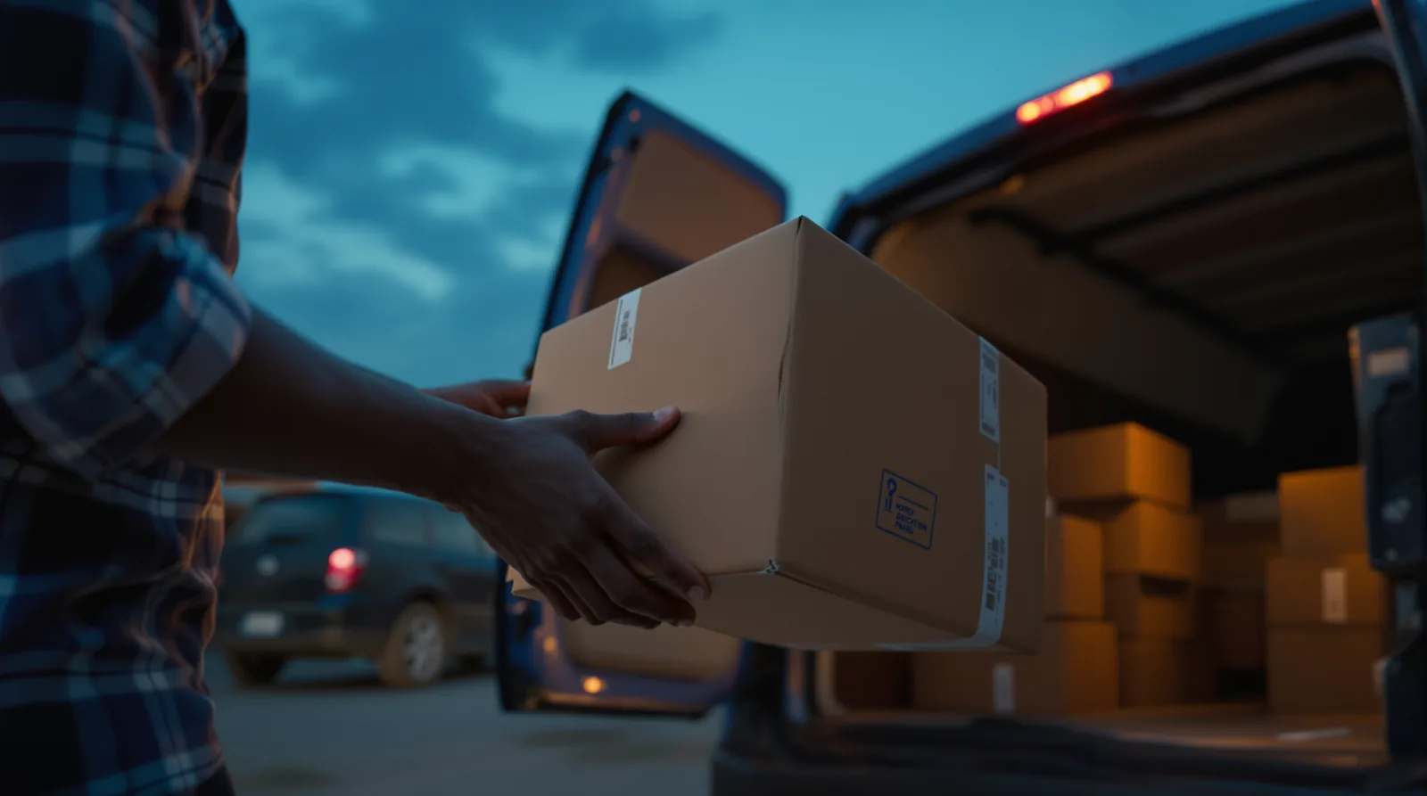 A driver handing over cargo to a receiver at delivery