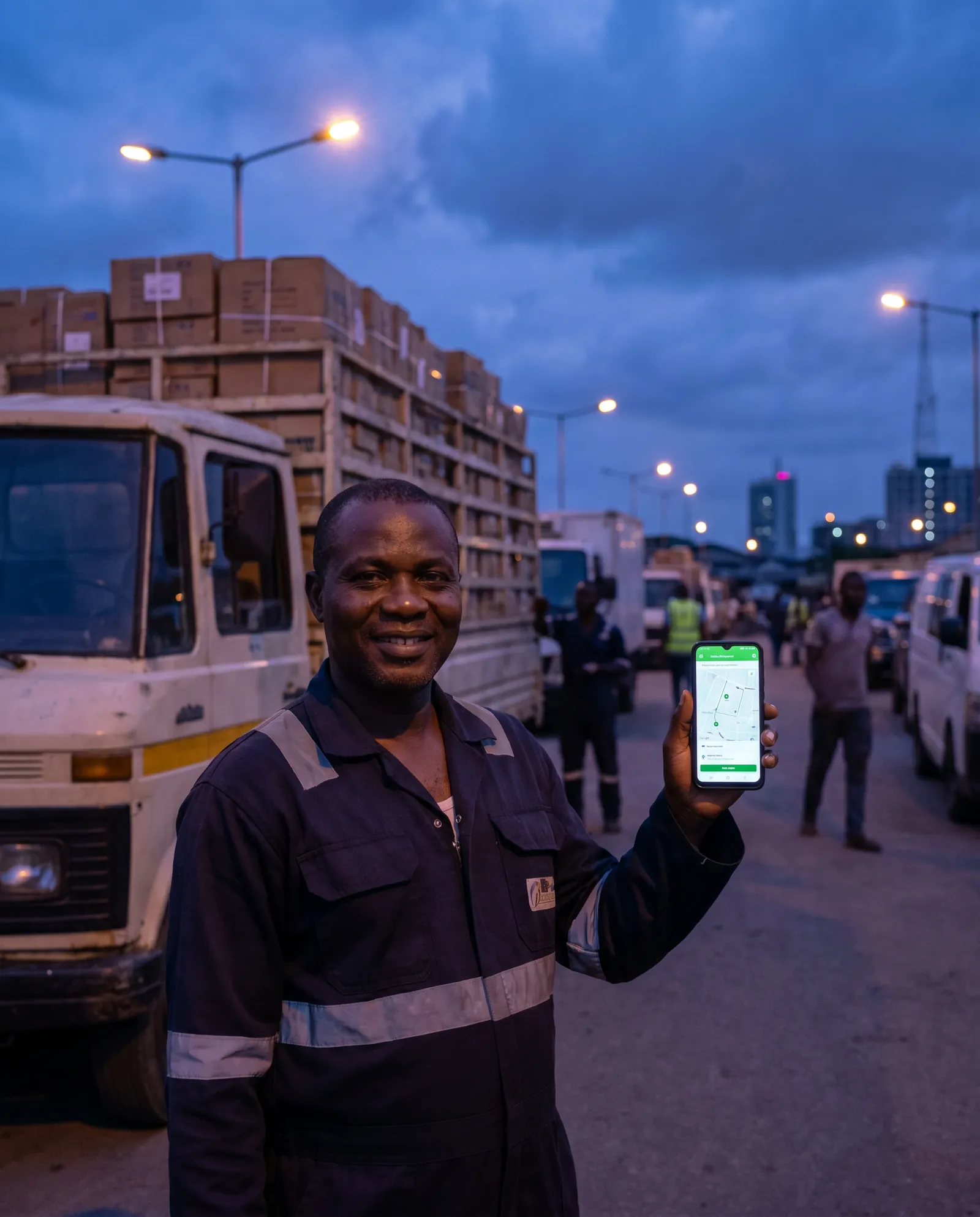 A Nigerian driver holding a phone running the Liftzor app