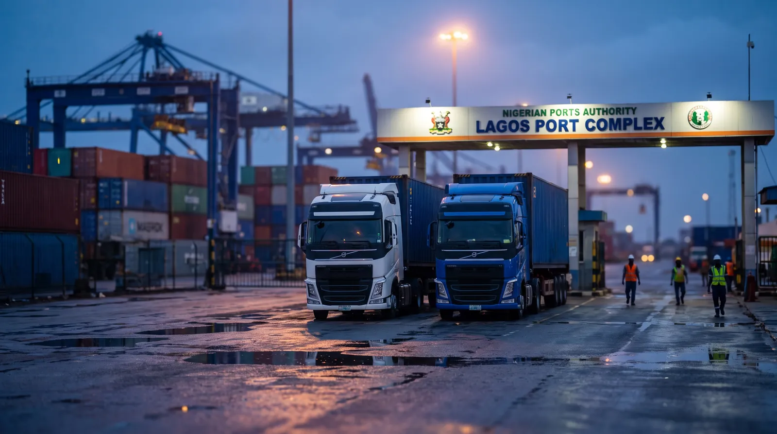 Trucks lined up at a Nigerian port ready for container haulage